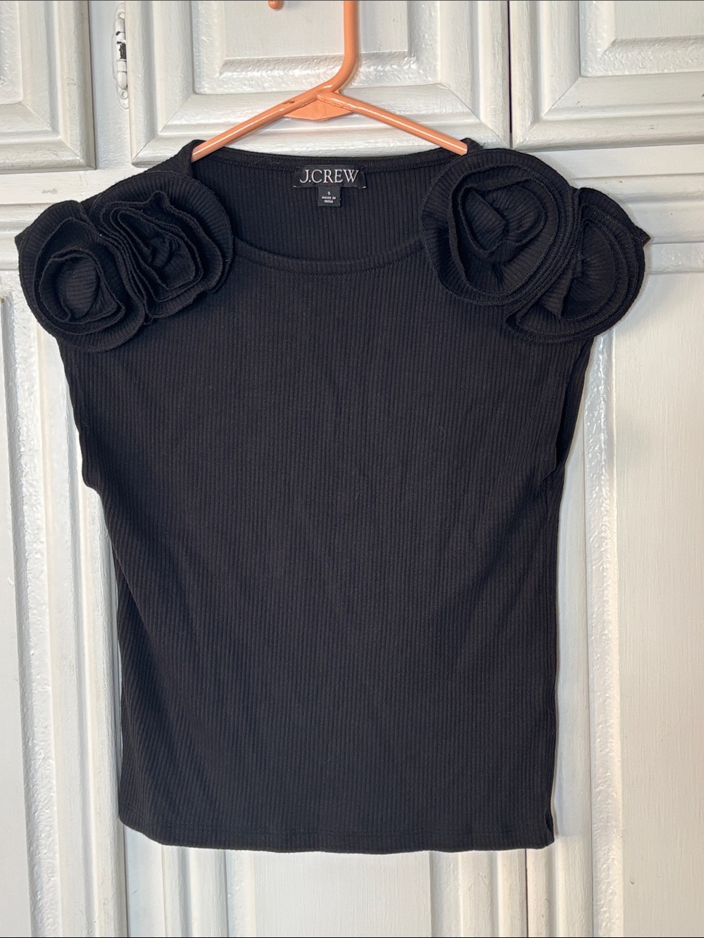 J.Crew Black Ribbed Rosette Shoulder Tank Top Size Small